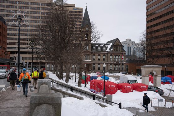 The homeless encampment in Grand Parade in front of City Hall in Halifax