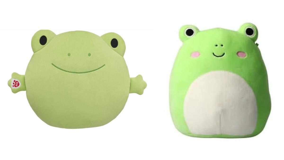 On the left is a green Skoosherz frog. On the right is a green Squishmallow frog.