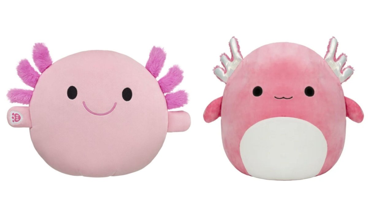 Two stuffed animals. On the left is a pink Skoosherz axolotl. On the right is a Squishmallow axolotl.