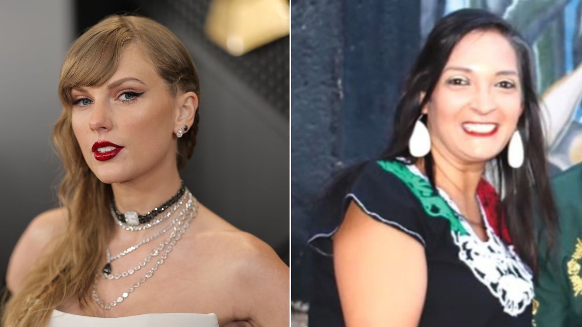 A split photo. On the left is Taylor Swift in a white dress and several necklaces. On the right is Lisa Lopez-Galvan in a black top with a green, white and red necklace.
