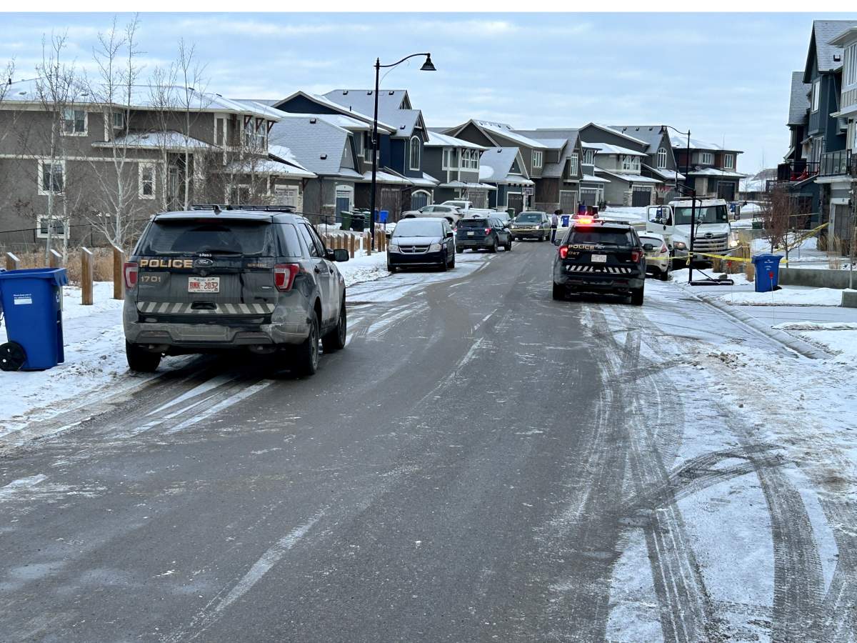 A major police presence in northwest Calgary along Sage Meadows Way Thursday, Feb. 15, 2024.