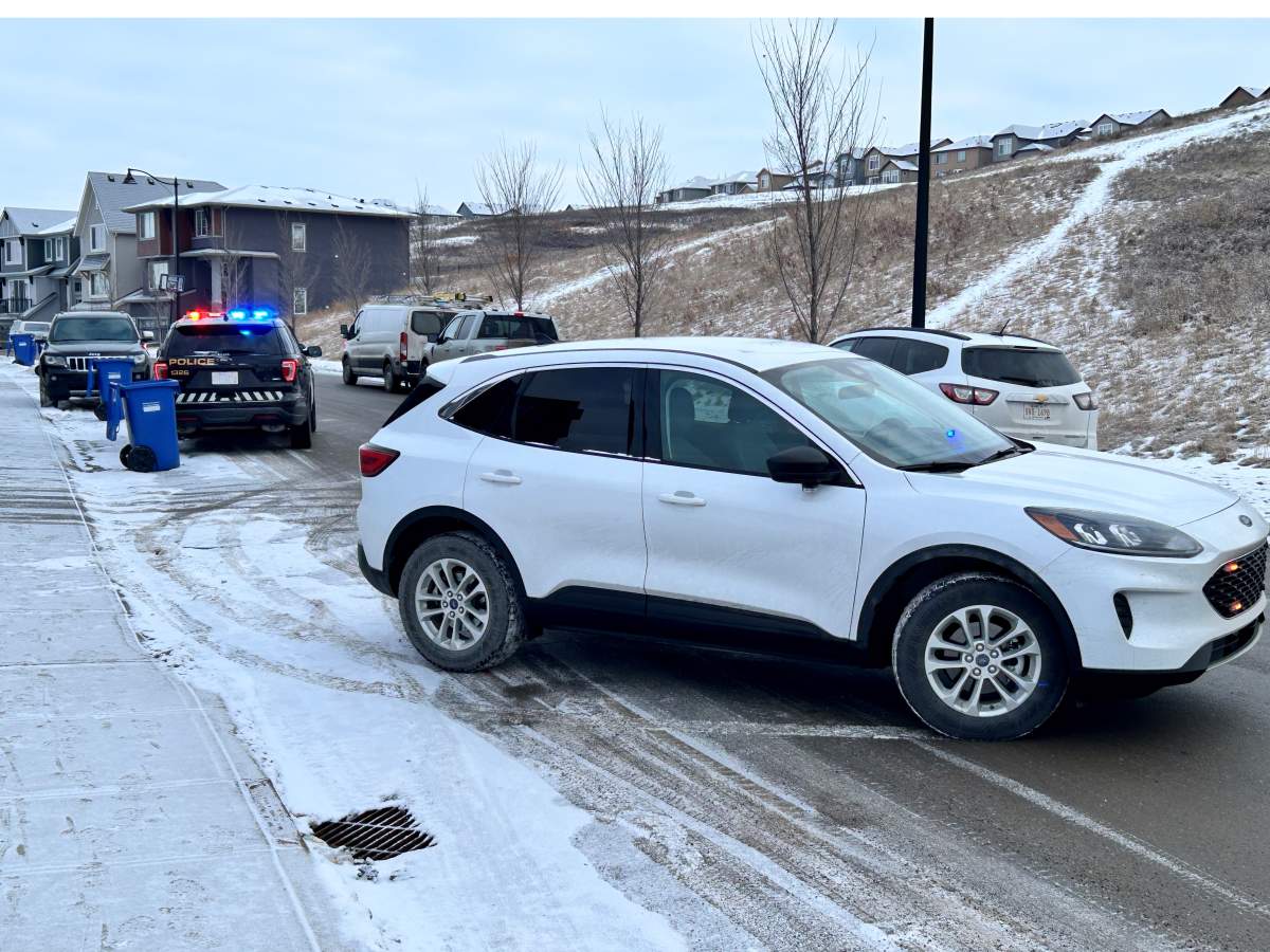 A major police presence in northwest Calgary along Sage Meadows Way Thursday, Feb. 15, 2024.