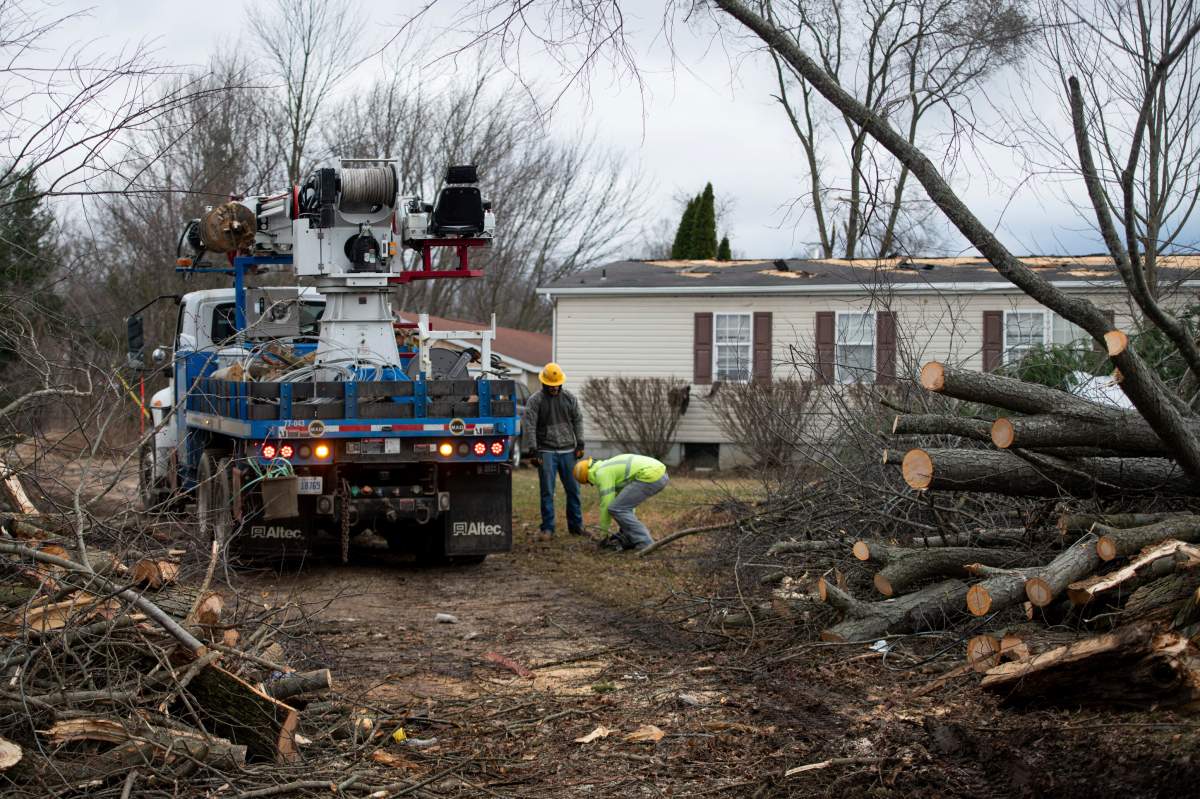 Damage is shown in the aftermath of severe weather in Lee Township, Mich. on Wednesday, Feb. 28, 2024. At least two suspected tornadoes caused damage early Wednesday in different areas of Michigan. (Devin Anderson-Torrez/The Flint Journal via AP)