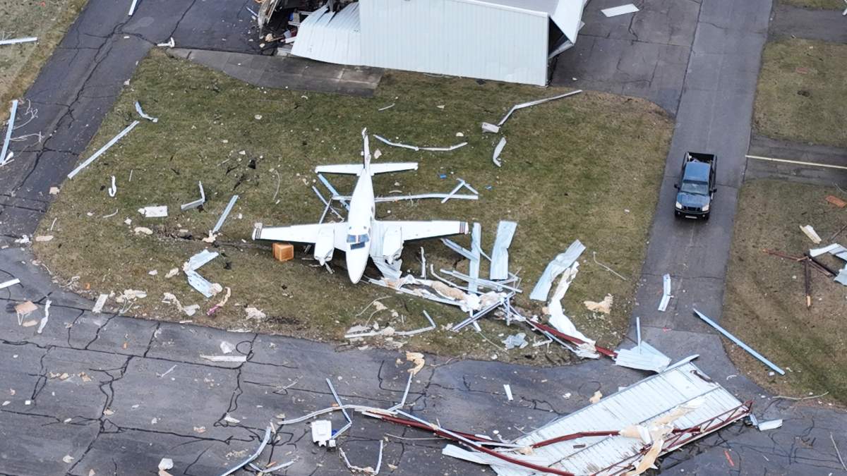 A hanger was destroyed and airplanes damaged at the Madison County Airport following severe storm, Wednesday morning, Feb. 28, 2024, in London, Ohio. Warning sirens jolted residents of central Ohio awake as a possible tornado hit near Columbus. Significant damage was reported at an airport in Madison County, between Dayton and Columbus. (Doral Chenoweth/The Columbus Dispatch via AP)