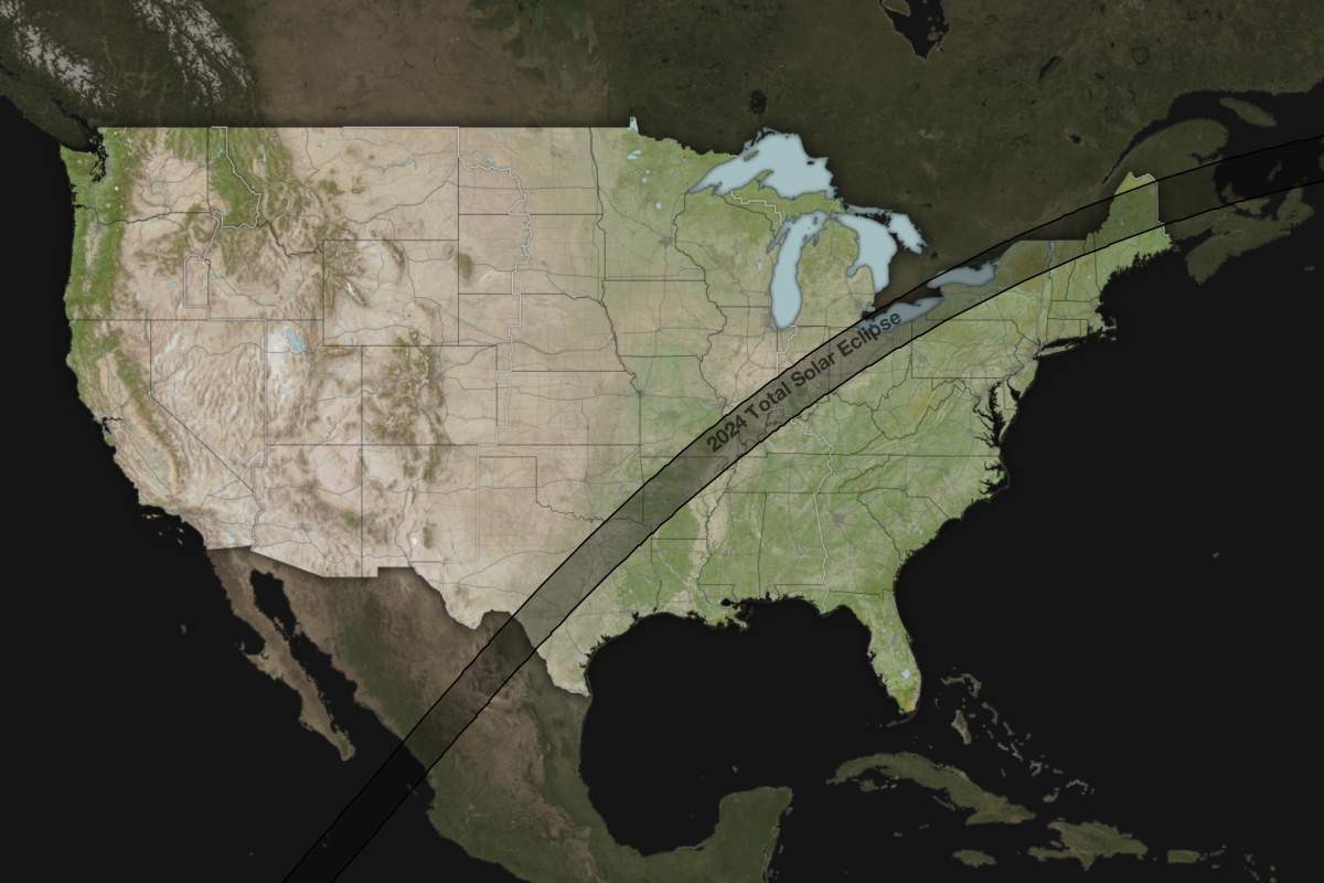 This image from the NASA Eclipse Explorer website shows the path of the April 8, 2024 total solar eclipse over North America.