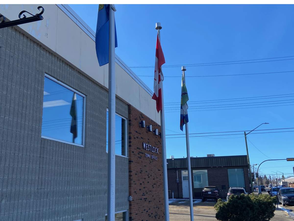 Flags in Westlock, Alta., Wednesday, Feb. 21, 2024.