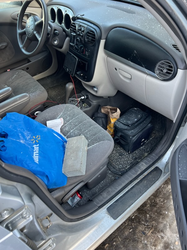A brick smashed through the windshield of this car in Edmonton on Whitemud Drive at the 53 Avenue overpass on Thursday, Feb. 22, 2024.