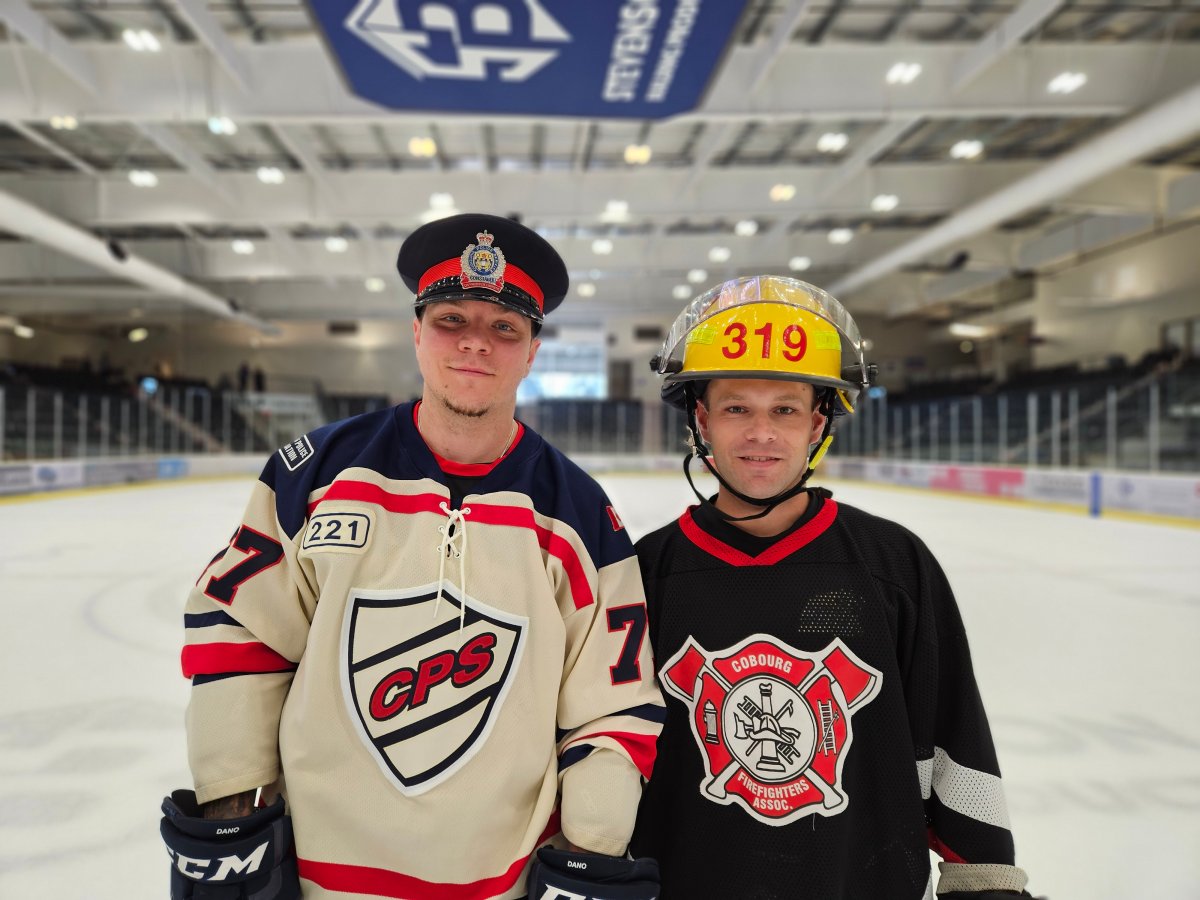 Cobourg Police Service Const. Ryan Rinneard and Cobourg Fire Department acting Capt. Matthew Dimini promote the charity hockey game on March 23 to support Big Brothers Big Sisters Northumberland.