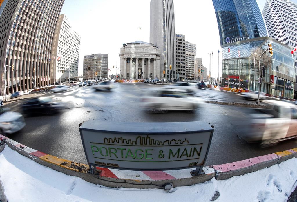 Barriers at Winnipeg’s major intersection of Portage and Main, which has been closed to pedestrians for 40-plus years, are seen on Friday, March 1, 2023. 