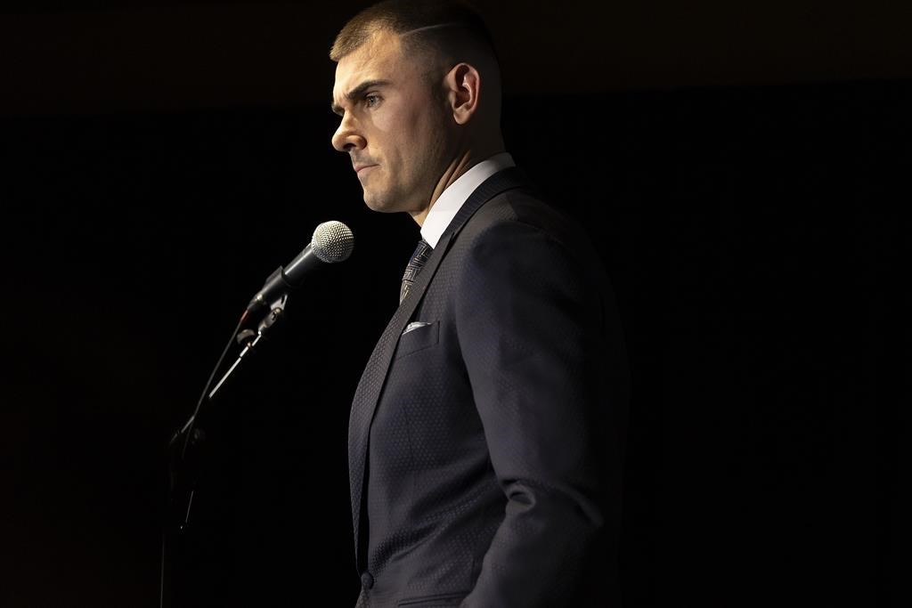 Toronto Argonauts quarterback Chad Kelly is denying allegations that he harassed a former employee of the CFL club. Kelly speaks at the 2023 Canadian Football League (CFL) Awards in Niagara Falls, Ont. Thursday, Nov. 16, 2023. 