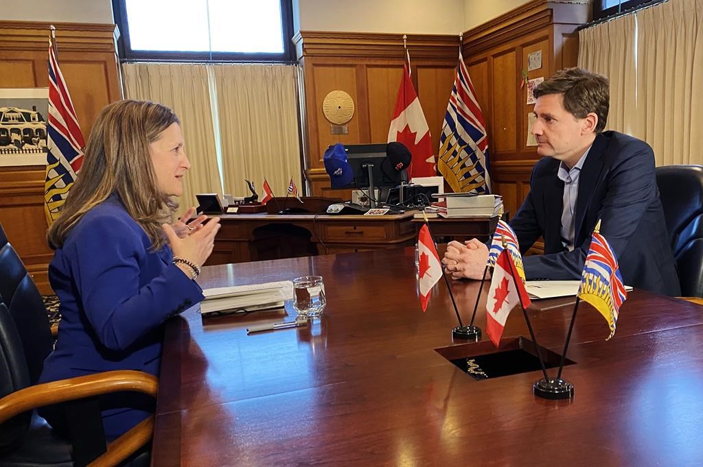 Finance Minister and Deputy Prime Minister Chrystia Freeland meets with B.C. Premier David Eby at the legislature in Victoria on Monday, March 11, 2024. THE CANADIAN PRESS/Dirk Meissner.
