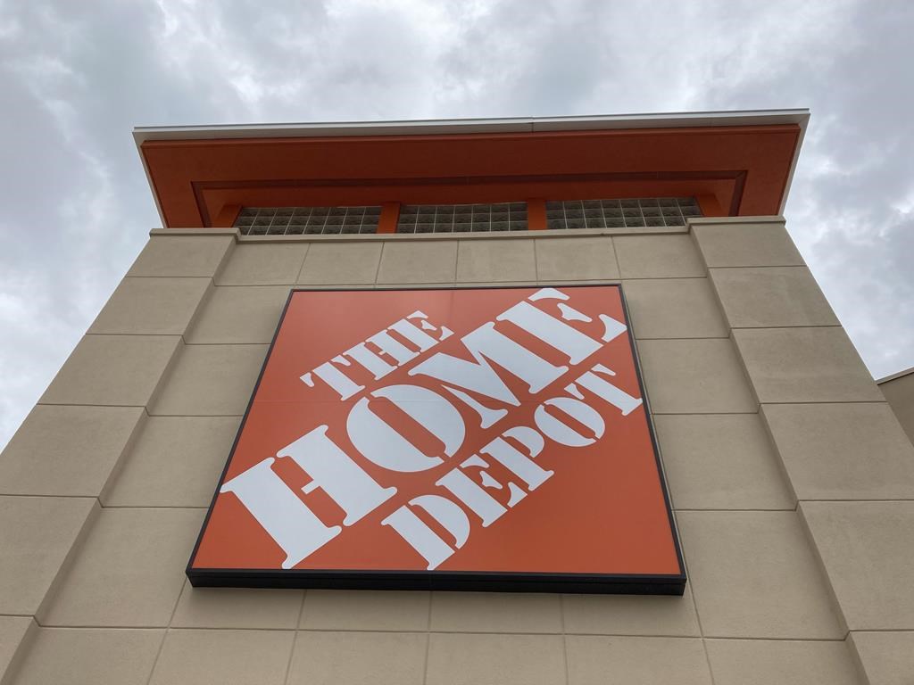 A Home Depot logo is shown on a store on May 14, 2021, in North Miami, Fla. The Home Depot is opening a new distribution centre in the Greater Toronto Area that will help the company cater to its biggest customers. 