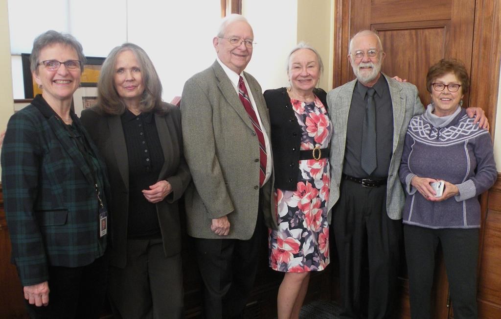 Dr. Fern Desjardins, St. Agatha; (left to right) Cathie Pelletier, Allagash; Richard L'Heureux, Sanford native and Topsham resident; Cecile Thornton, Lewiston; Denis Ledoux, of Lewiston and Lisbon; and previous Hall of Fame inductee Doris Bonneau attend a Francophonie Day event at the Maine State House in Augusta, Maine on Tuesday, March 12, 2024 in a handout photo. THE CANADIAN PRESS/HO-Juliana L'Heureux **MANDATORY CREDIT** .