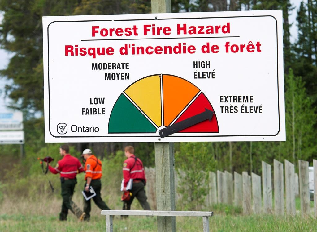 Fire rangers walk past a forest fire hazard sign west of Timmins, Ont., on May 26, 2012.