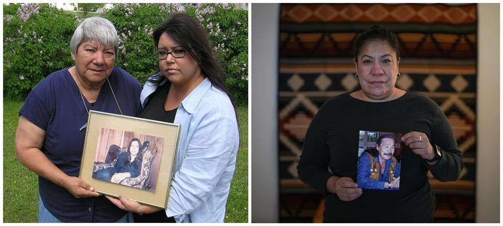 In this composite image made from two photographs, Rebecca Julian, left, Anna Mae Pictou Aquash's eldest sister, and Denise Maloney, Aquash's eldest daughter, hold a portrait of Aquash in Shubenacadie, N.S., on June 20, 2003; At right, Naneek Graham holds a photograph of her father John Graham at her Vancouver home on Tuesday, Feb. 27, 2024. John Graham is incarcerated in the South Dakota State Penitentiary. He was extradited to the U.S. in 2007 and convicted three years later in the 1975 murder of Pictou Aquash. THE CANADIAN PRESS/Carson Walker, Darryl Dyck.