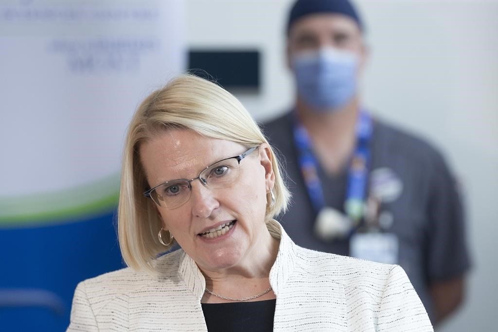 <p>Ontario Health Minister Sylvia Jones makes an announcement at Sunnybrook Hospital, in Toronto Thursday,  August 18, 2022. Hospitals and long-term care homes spent nearly $1 billion last year to fill shifts with nurses and personal support workers from private staffing agencies, a Ministry of Health document estimates. </p>.