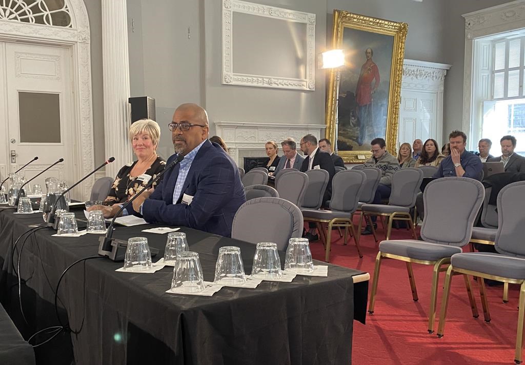 Dr. Colin Audain, right, president of Doctors Nova Scotia and the organization’s CEO Nancy McCready-Williams, left, appear before the Nova Scotia legislature’s law amendments committee in Halifax on Monday, March, 25, 2024. THE CANADIAN PRESS/Keith Doucette