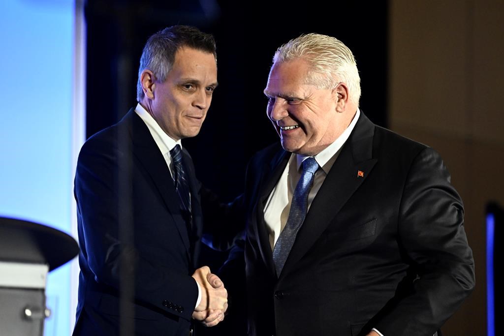 Ontario Premier Doug Ford shakes hands with Ottawa Mayor Mark Sutcliffe at the Ottawa Board of Trade's Mayor's Breakfast Series, in Ottawa, on Thursday, March 28, 2024. 