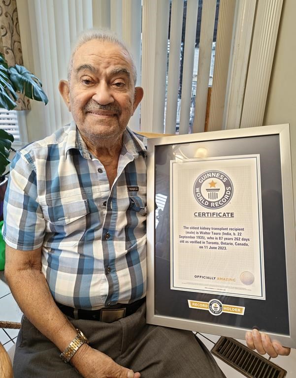 Walter Tauro, an 88-year-old former real estate agent, shown in this handout image provided by his son Lionel Tauro, says he's feeling good about receiving the recognition earlier this month after his body successfully accepted a new kidney last year. The Ontario resident has defeated the odds and has been recognized by Guinness World Records as the world’s oldest kidney transplant recipient. 