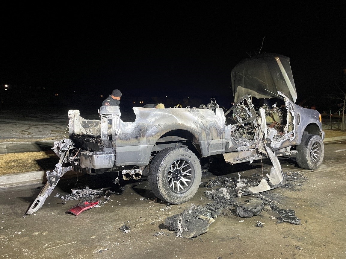 A Ford F250 pickup found burnt in northeast Edmonton on Tuesday, March 26, 2024 is believed to have been involved in a drive-by shooting a few days prior.