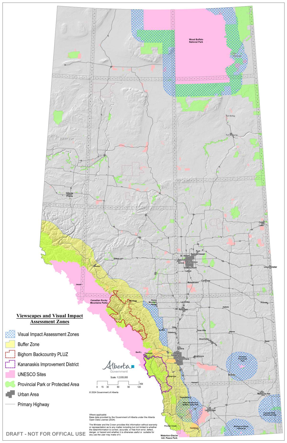 The no-go zone, according to a map showing renewable energy buffer zones released late Thursday, includes the entire length of the Rocky Mountains, stretching as far east as Calgary and Highway 2 in the south.