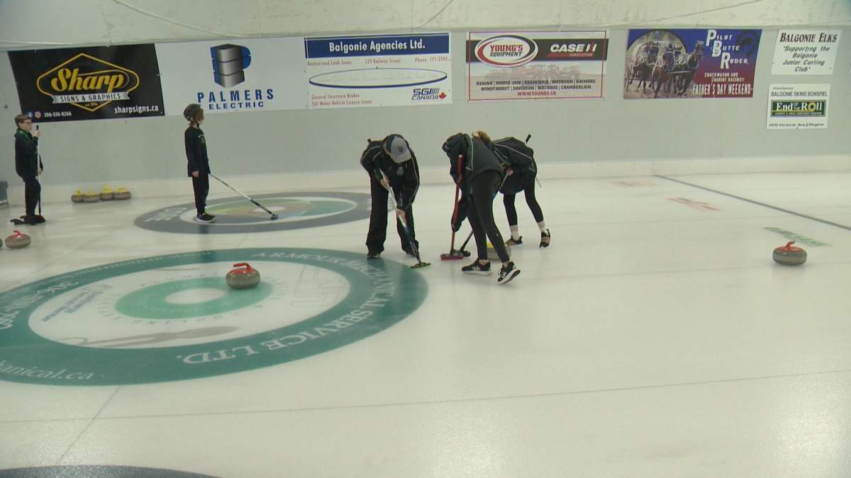 Teammates on the Balgonie Elementary School curling team practice.
