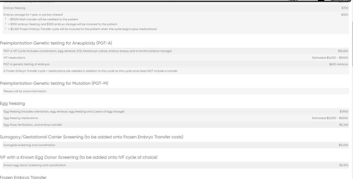 The price list for fertility treatments at the Olive Fertility Centre in Vancouver in February 2020.