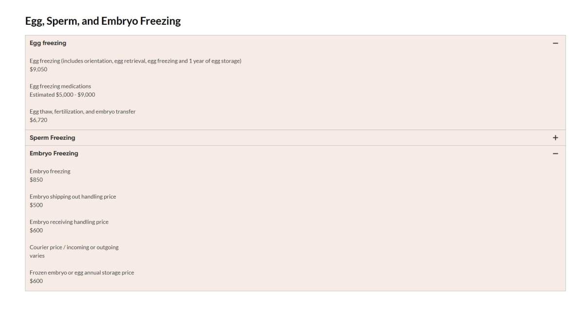 The prices for services at Olive Fertility Centre in Vancouver.