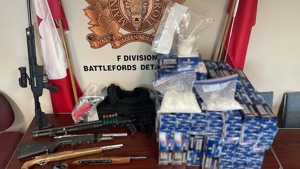 Two people charged after Battlefords Gang Task Force executed search warrants which led to the seizure of items such as methamphetamine, illegal cigarettes and firearms.