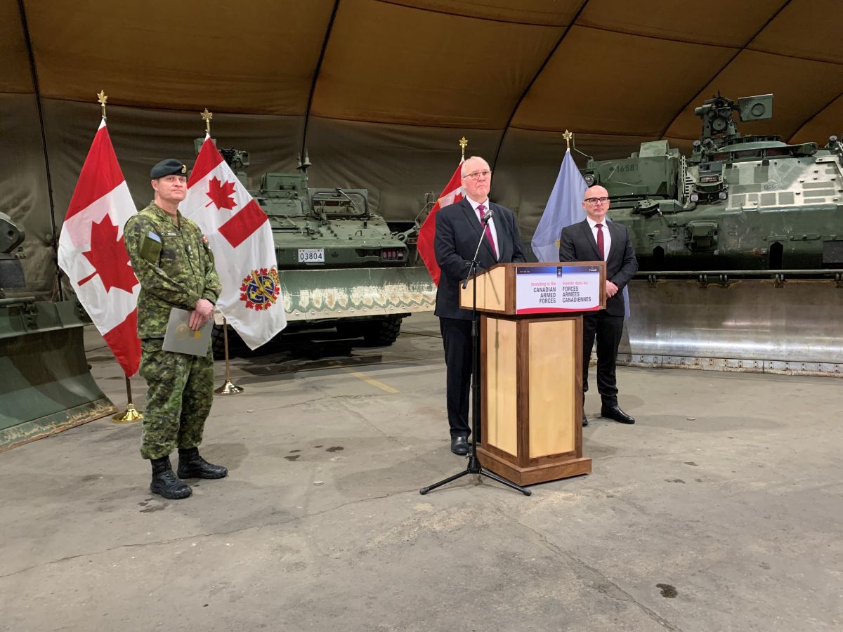Defence Minister Bill Blair speaks at a news conference in the Edmonton area on March 4, 2024.