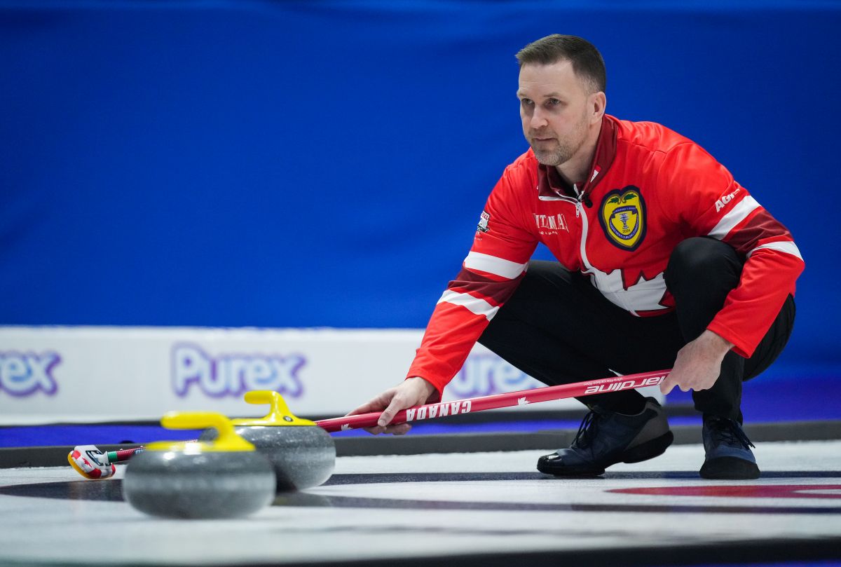 Team Canada skip Brad Gushue watches a shot approach the house while playing Team Alberta-Bottcher during the playoffs at the Brier, in Regina, on Saturday, March 9, 2024.