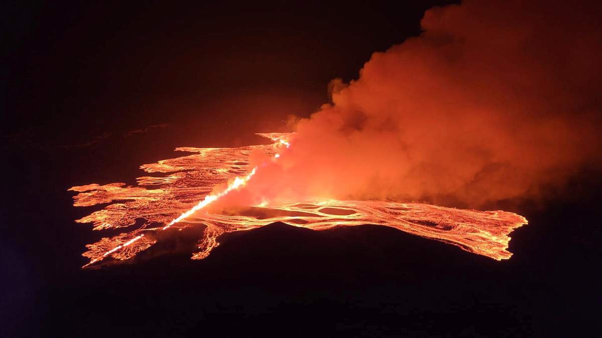This image from video provided by Iceland Civil Defense shows lava erupting from a volcano between Hagafell and Stóri-Skógfell, Iceland, on on Saturday, March 16, 2024.