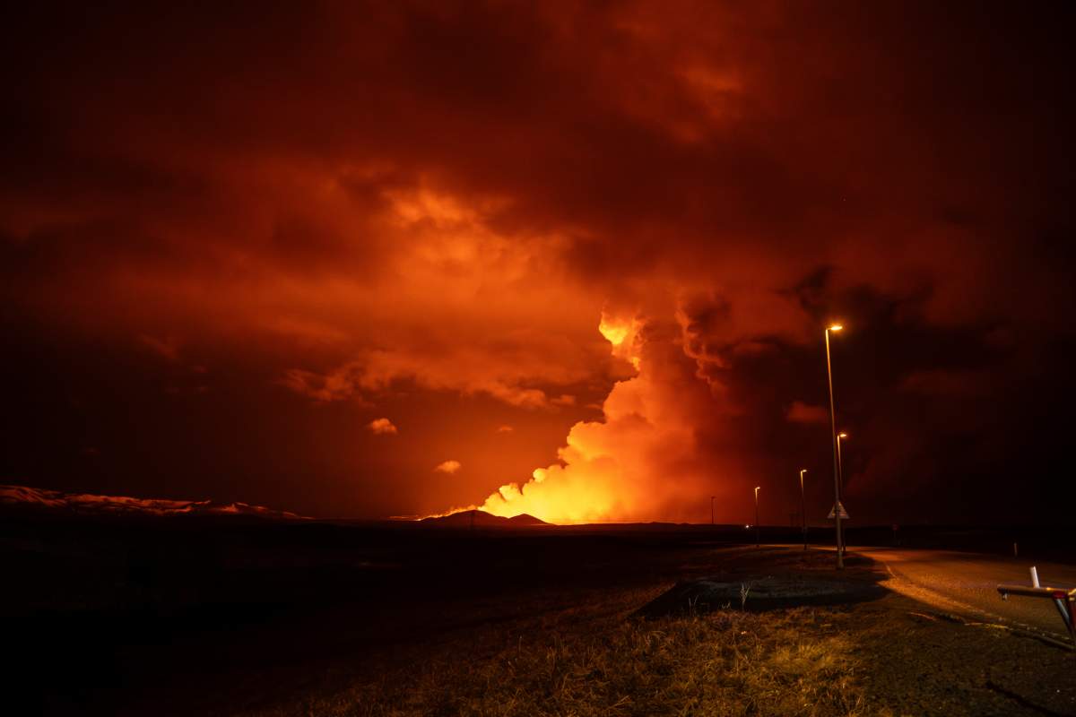 Plumes of smoke rise from volcanic activity between Hagafell and Stóri-Skógfell, Iceland, on Saturday, March 16, 2024.
