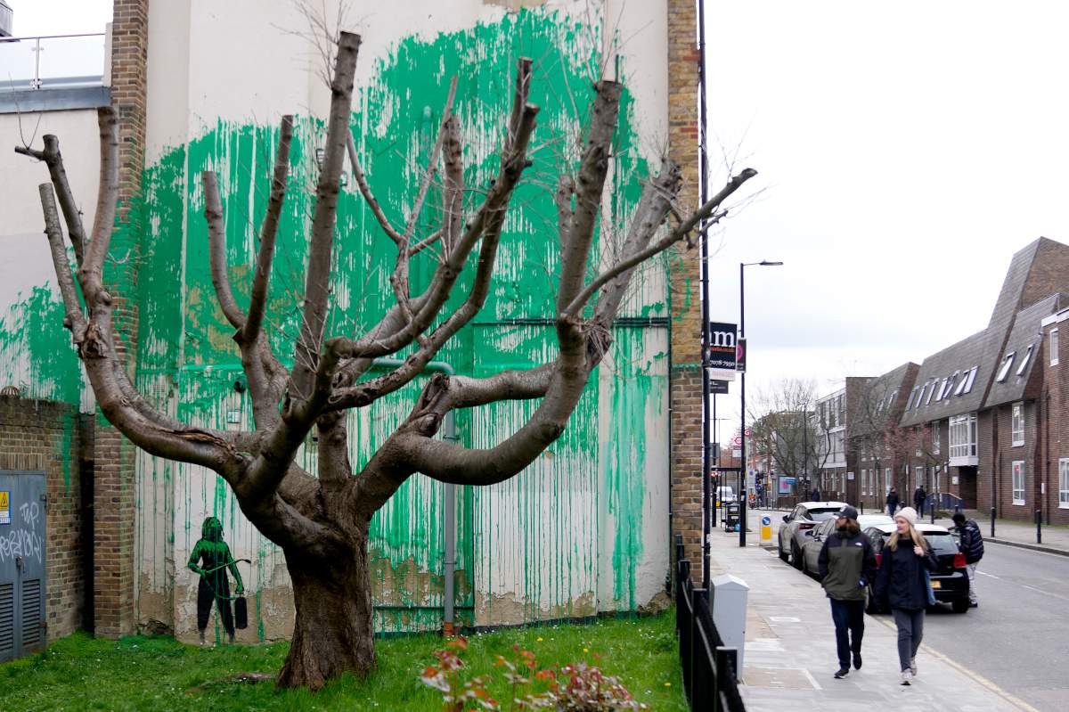 A new Banksy painting on a wall in London, Monday, March 18, 2024.