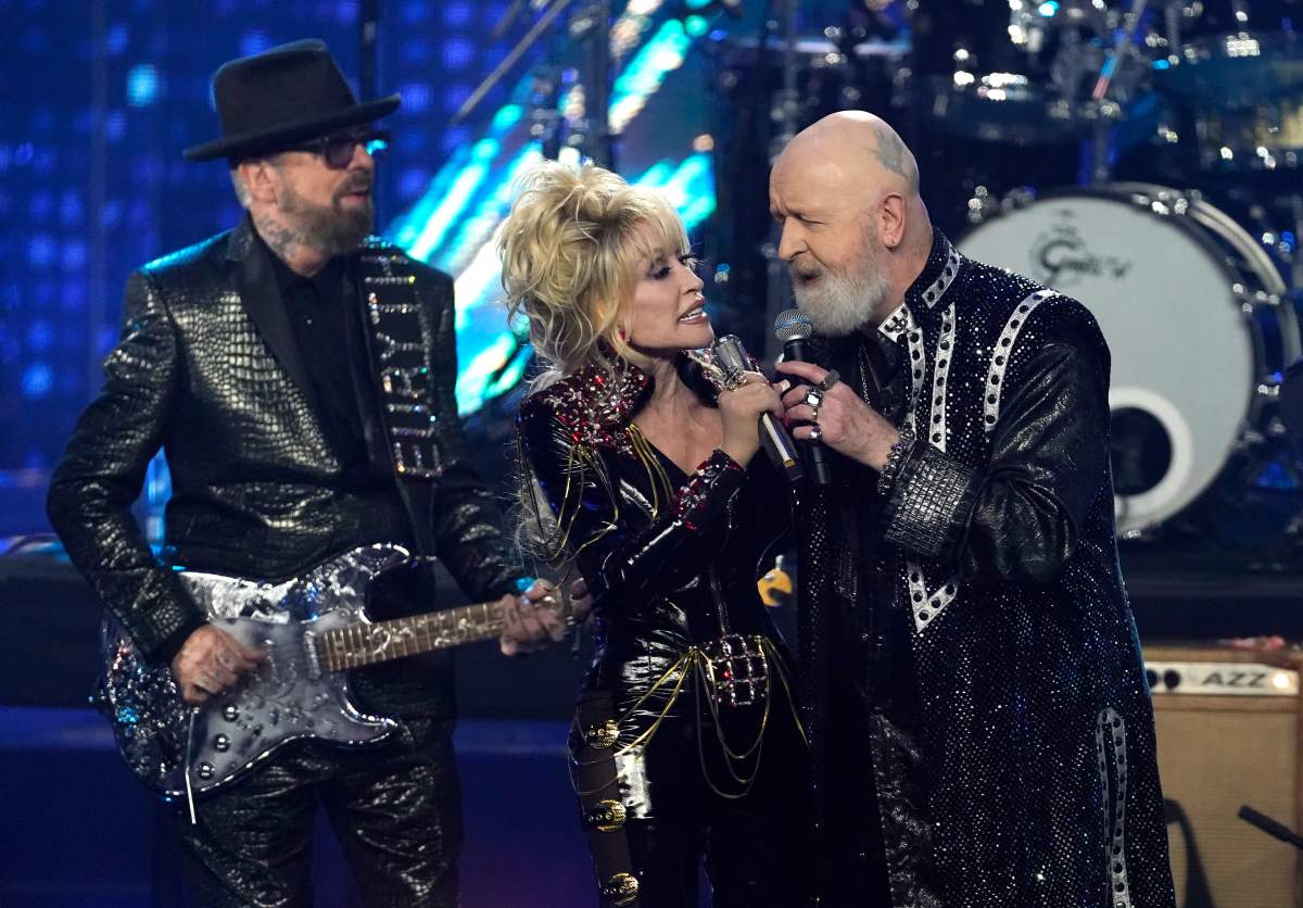 Inductees Dave Stewart of Eurythmics, from left, Dolly Parton and Rob Halford of Judas Priest perform during the Rock & Roll Hall of Fame Induction Ceremony on Saturday, Nov. 5, 2022, at the Microsoft Theater in Los Angeles.