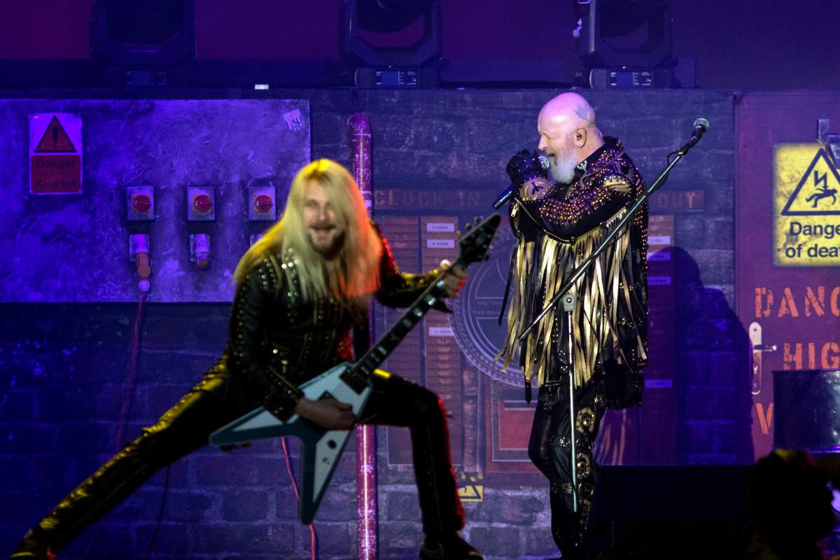 Rob Halford (R) and Richie Faulkner (L) of heavy metal band Judas Priest perform at the Heaven and Hell Metal Fest, in Toluca, Mexico, Saturday, Dec. 3, 2022.