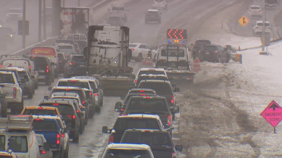 Deerfoot Trail in Calgary slows to a crawl after a collision on March 20, 2024.