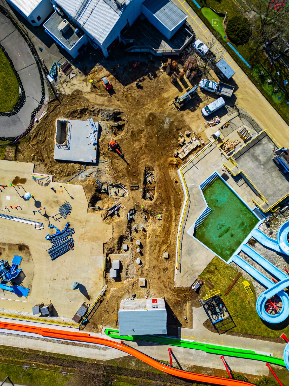 A drone image overlook construction at a water park.