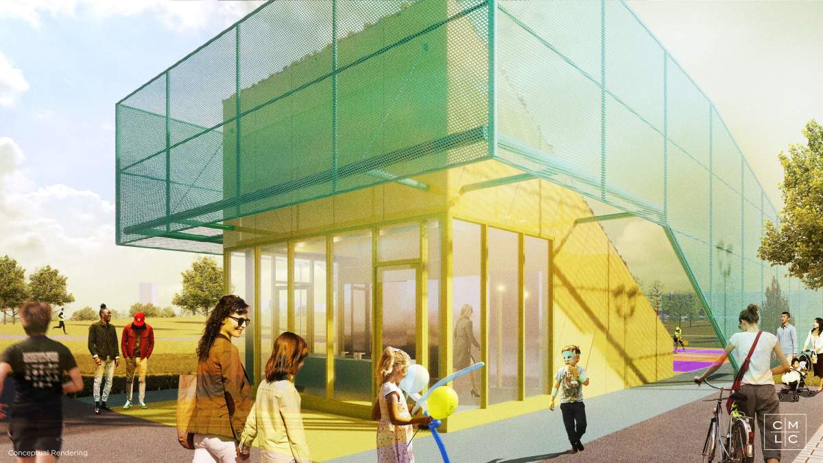 A rendering of a facility containing new public washrooms and a pickleball court for Calgary's East Village neighbourhood.