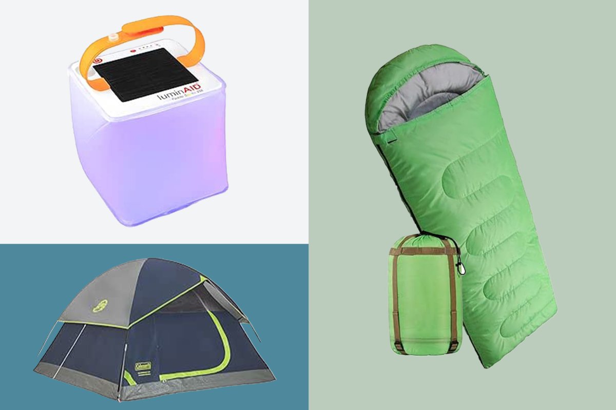 Amazon Big Spring Sale camping gear including a sleeping bag, lantern and tent