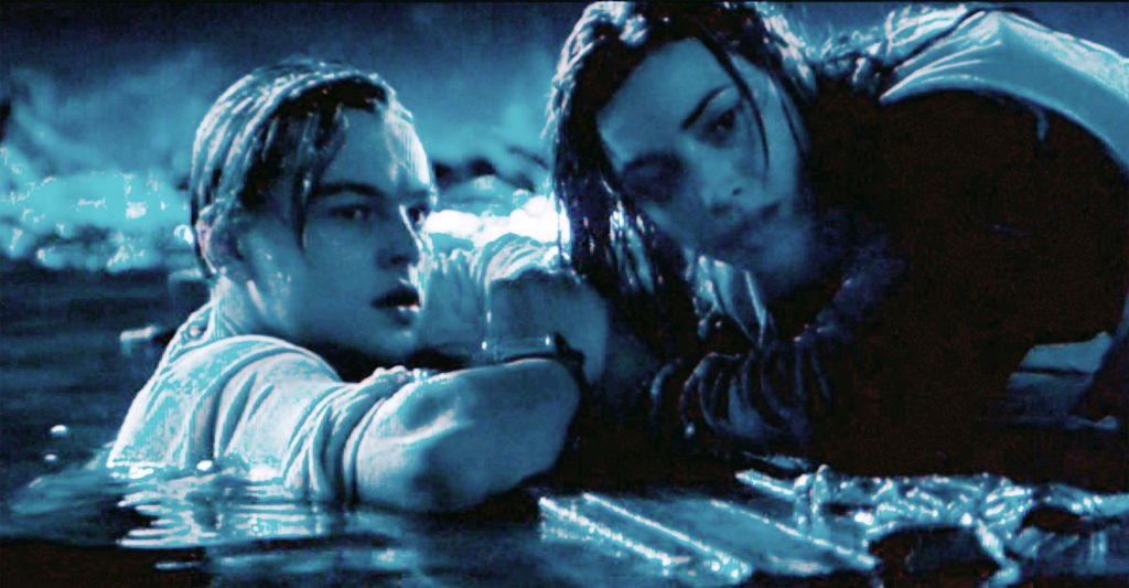 A screen capture from 'Titanic' shows Leonardo DiCaprio as Jack and Kate Winslet as Rose after the Titanic has sunk.