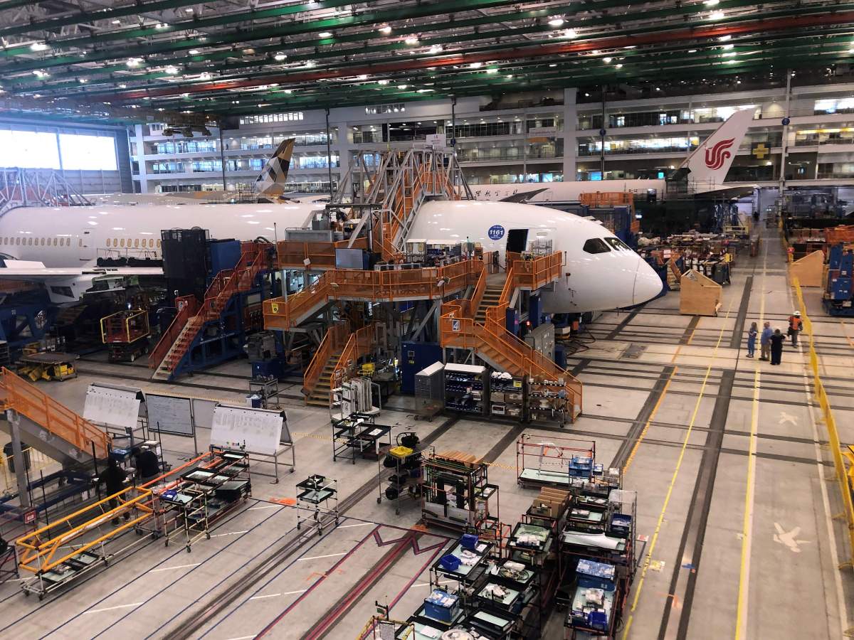 Boeing 787 Dreamliners are built at the aviation company's North Charleston, South Carolina, assembly plant on May 30, 2023.