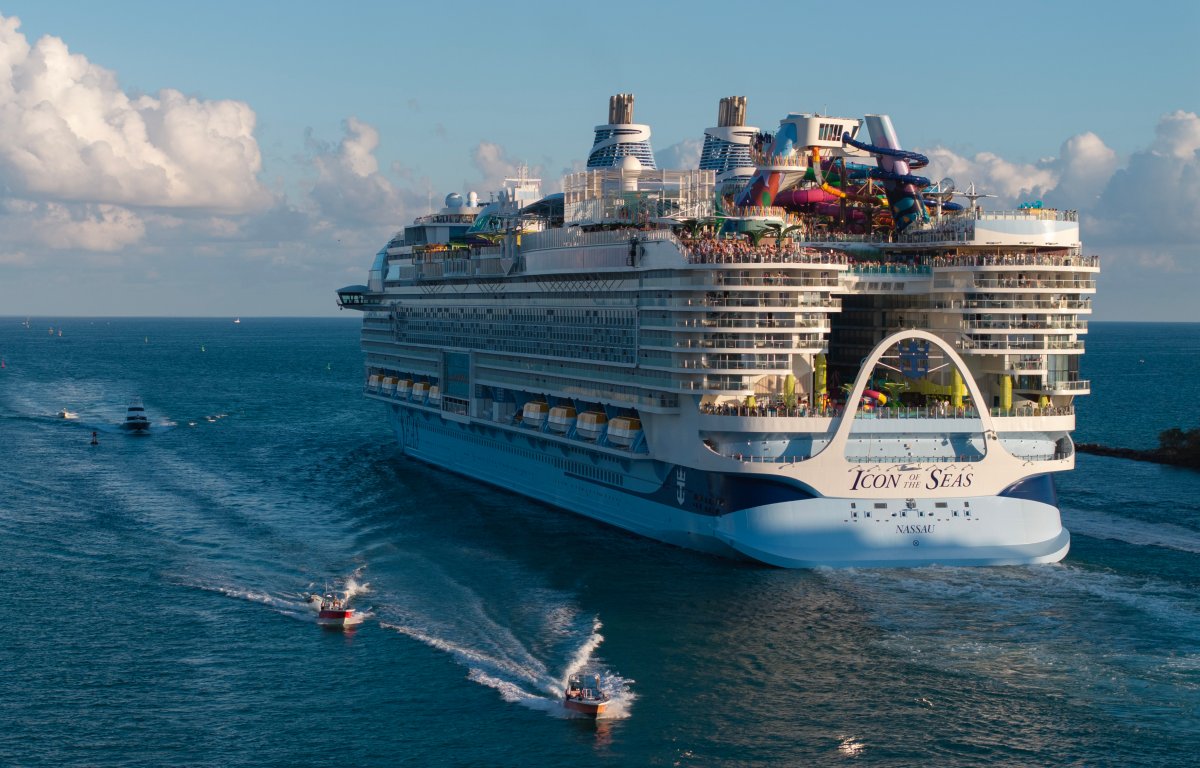 An aerial view of Royal Caribbean's Icon of the Seas, billed as the world's largest cruise ship, as it heads out to sea for its second voyage from Port Miami on February 03, 2024.