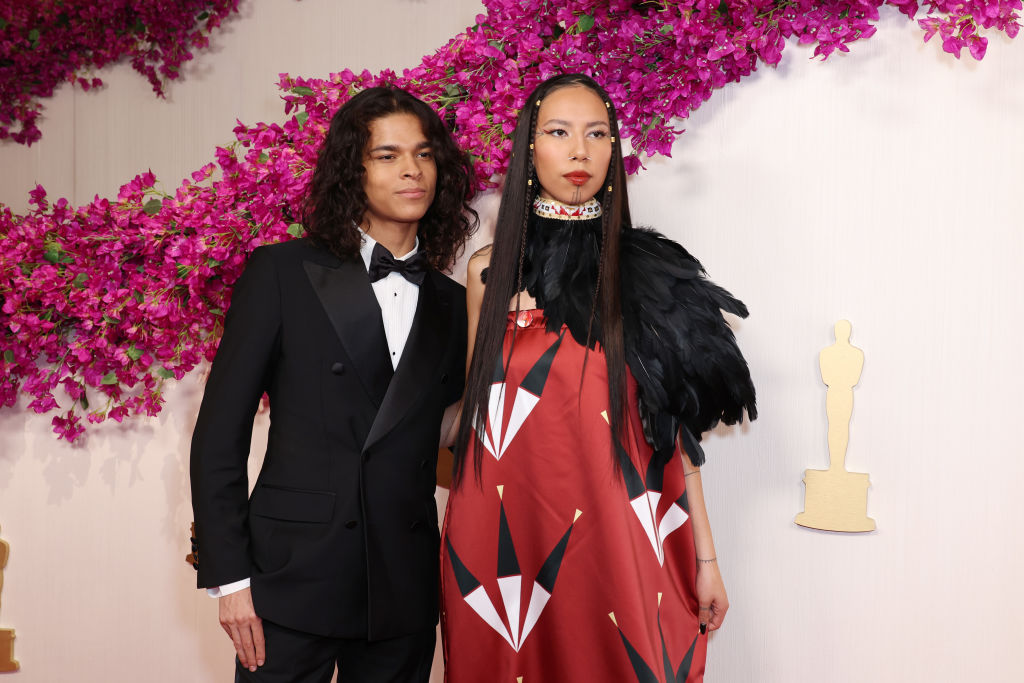 (L-R) D'Pharaoh Woon-A-Tai and Quannah Chasinghorse attend the 96th Annual Academy Awards on March 10, 2024 in Hollywood, California.
