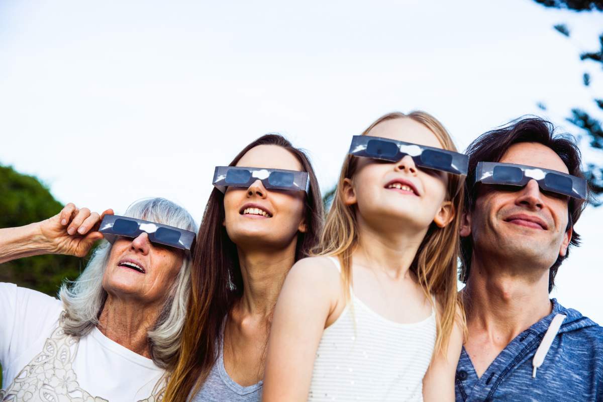 Family looking at Solar Eclipse using solar glasses