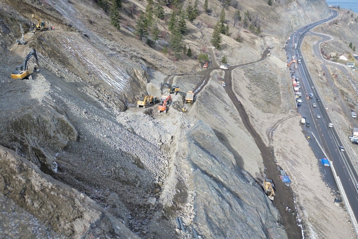 An aerial view of the rockslide site along Highway 97 near Summerland, B.C.