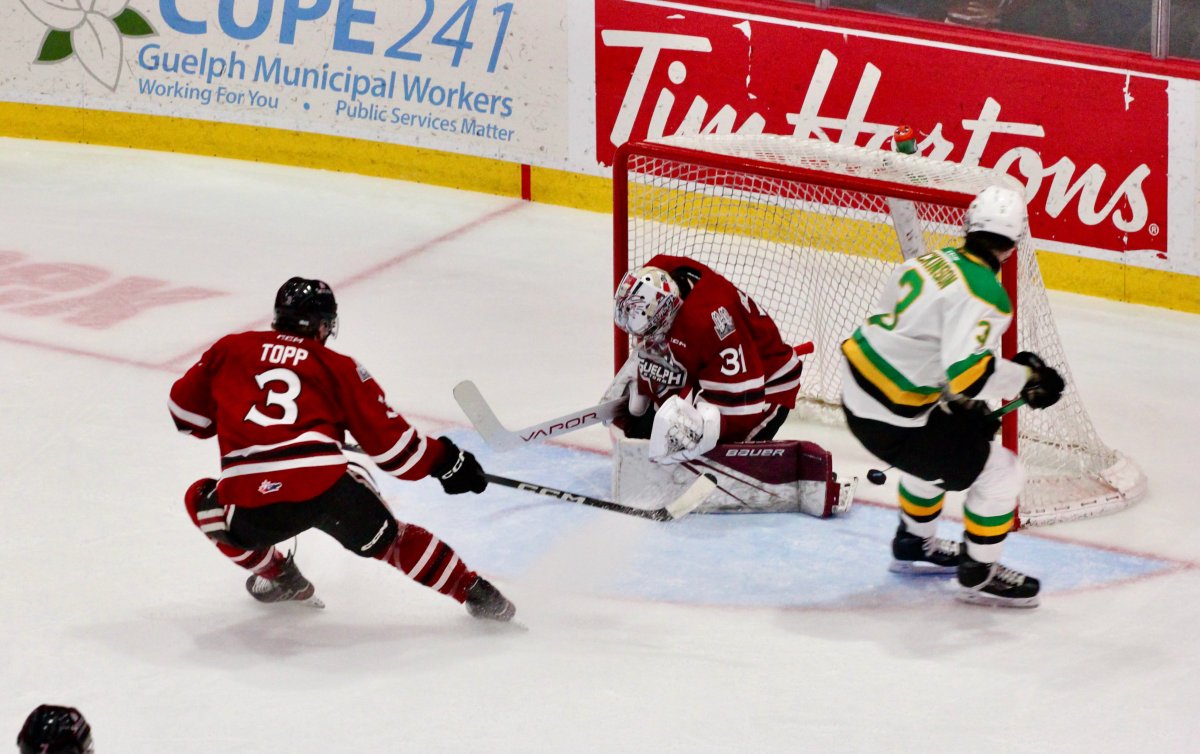 Sam Dickenson puts his 18th goal of the season past Brayden Gillespie of the Guelph Storm in a game played at the Sleeman Centre in Guelph, Ont., on March 6, 2024.