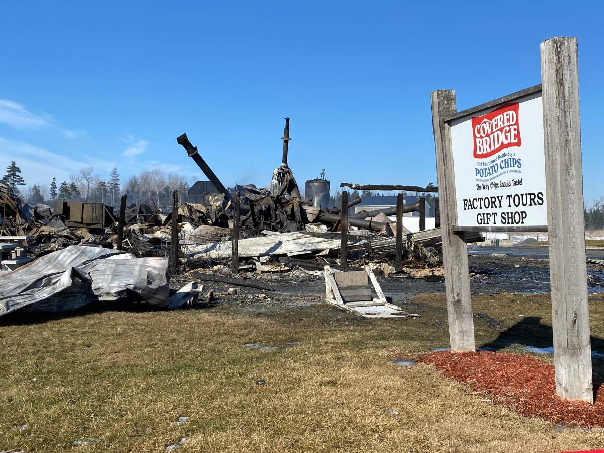 The Covered Bridge Potato Chips factory on Saturday morning, following the evening of the fire.