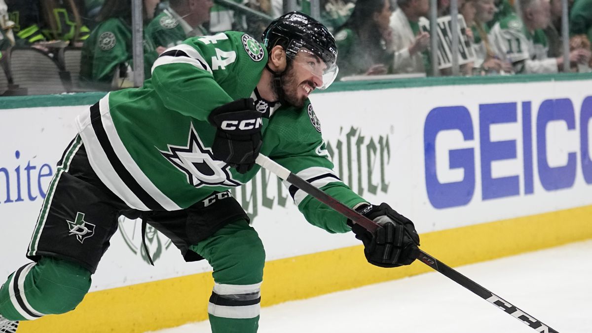 Dallas Stars defenceman Joel Hanley makes a pass during Game 4 of the NHL hockey Stanley Cup Western Conference finals against the Vegas Golden Knights, Thursday, May 25, 2023, in Dallas.