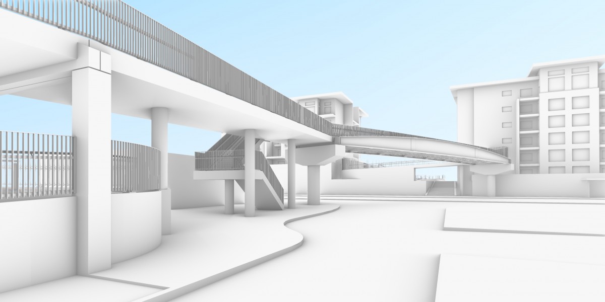 An artist's conception of a pedestrian overpass.